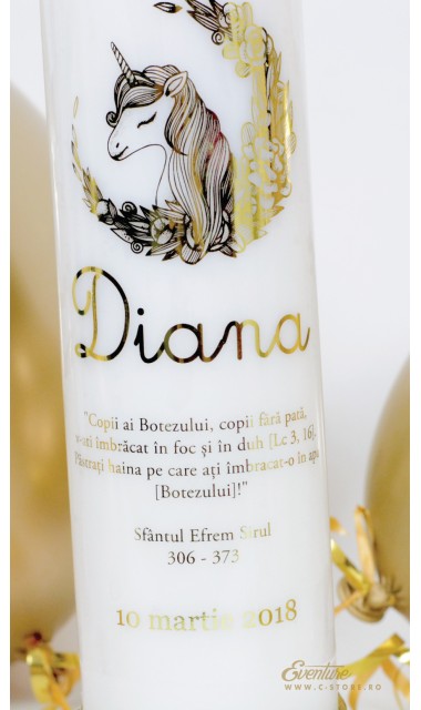 Lumanare de botez personalizata, print folio gold, 30x8cm, Unicornul Gold 3